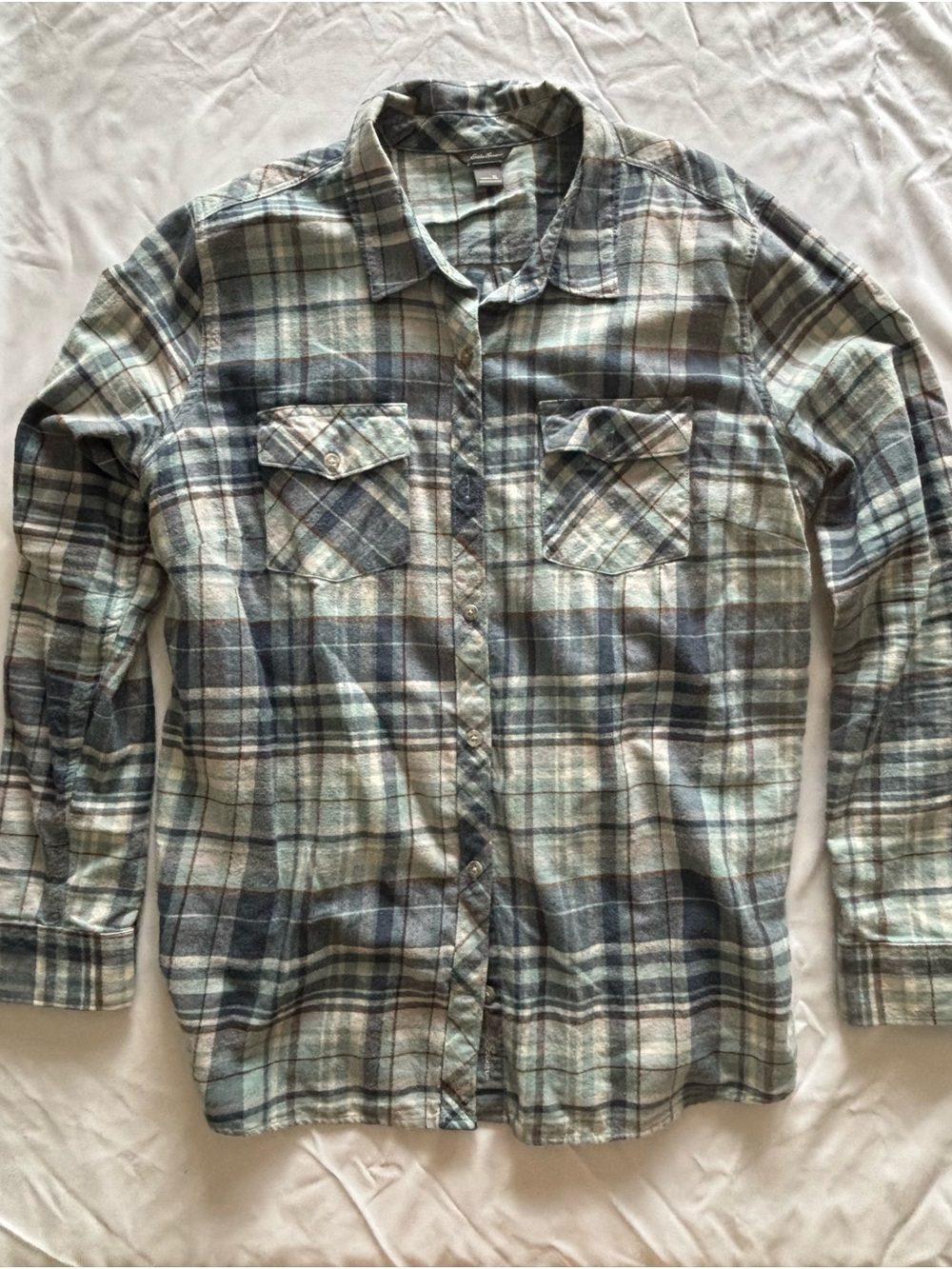 Eddie Bauer Lightweight Plaid Button-Down Shirt in Green and Gray